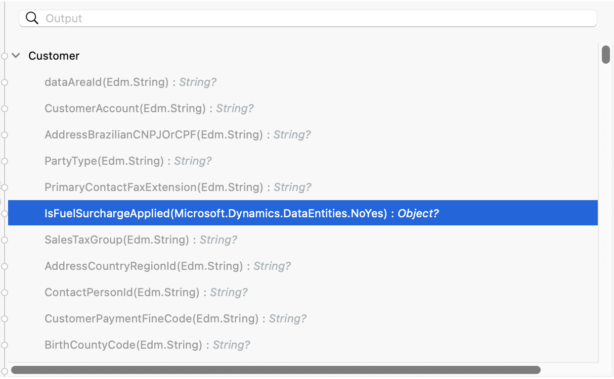 データ型の完全な名前を表示しているメタデータのリスト