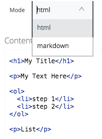 [Mode (モード)] のドロップダウンメニューには [html]、[Content (コンテンツ)] のドロップダウンメニューには [markdown (マークダウン)] が表示されています。