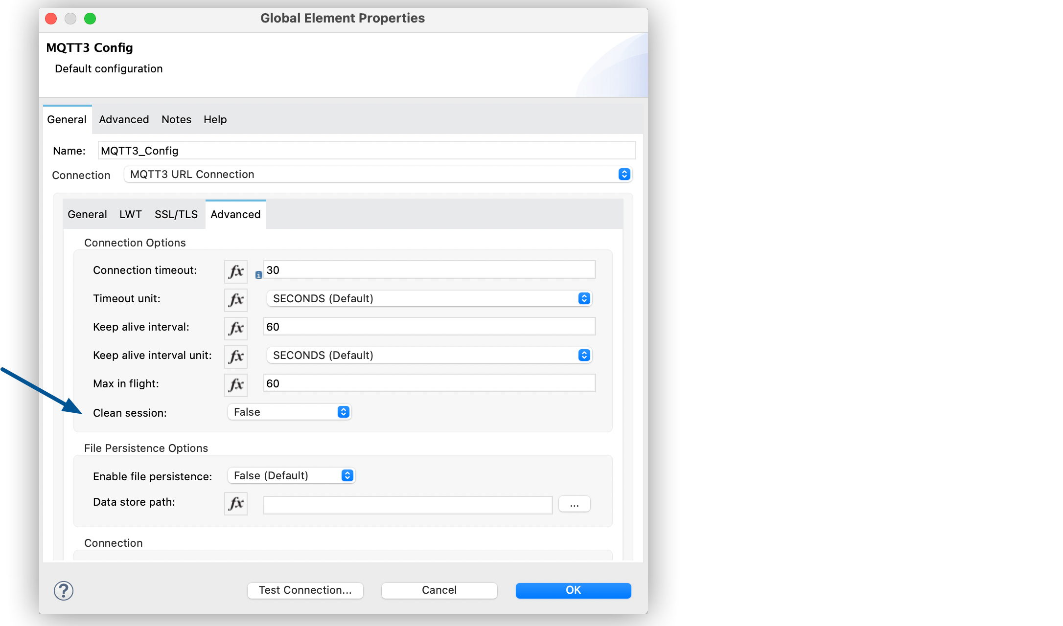 「Global Element Properties (グローバル要素プロパティ)」 ウィンドウでの MQTT の 「Clean session (セッションをクリーンアップ)」 の設定