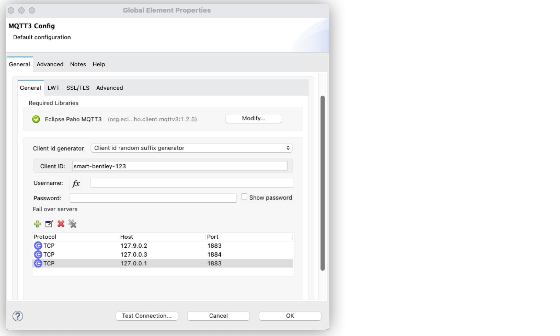 「Global Element Properties (グローバル要素プロパティ)」 ウィンドウでの MQTT 3 フェールオーバーサーバーリストの設定