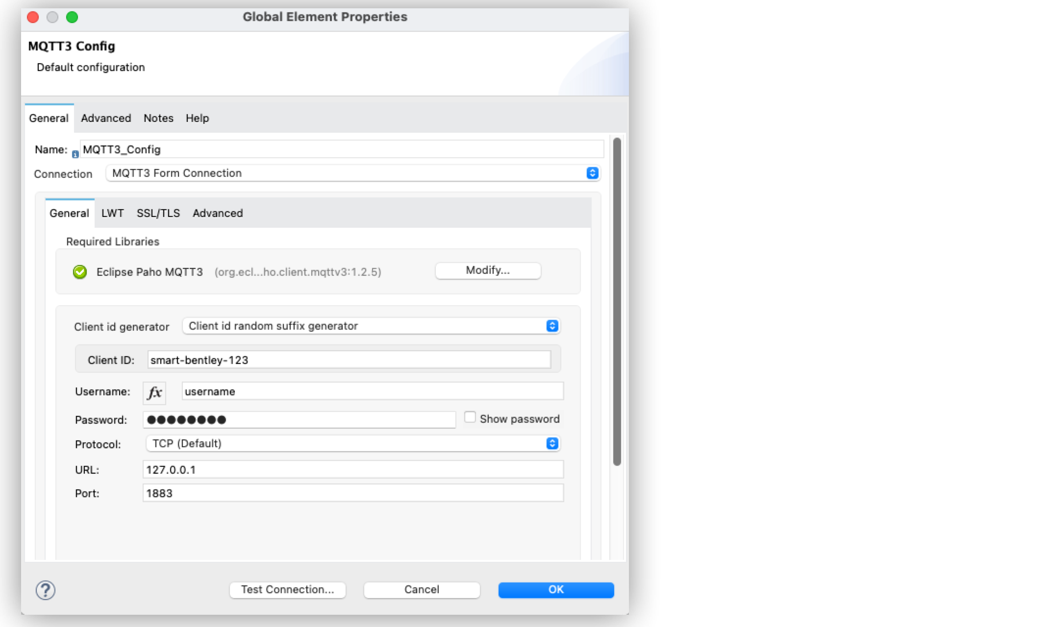 「Global Element Properties (グローバル要素プロパティ)」 ウィンドウでの MQTT 3 フォーム接続の設定