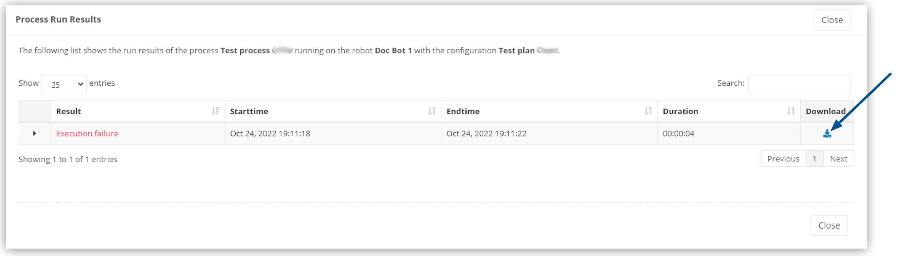 「Process Run Results (プロセスの実行結果)」 ウィンドウと 「Download Analysis Package (分析パッケージをダウンロード)」 ボタン