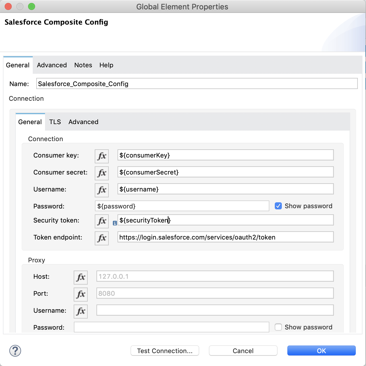 Salesforce Composite Connector グローバル要素設定ウィンドウ