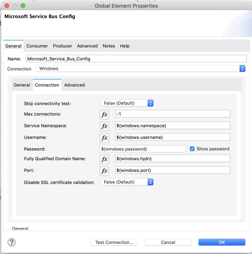 Microsoft Service Bus connector global elements properies config window on General tab