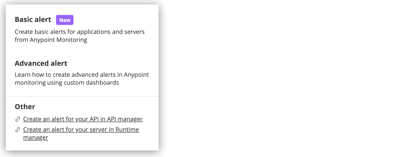 Alerts menu options to set up basic, custom dashboard, or other types of alerts
