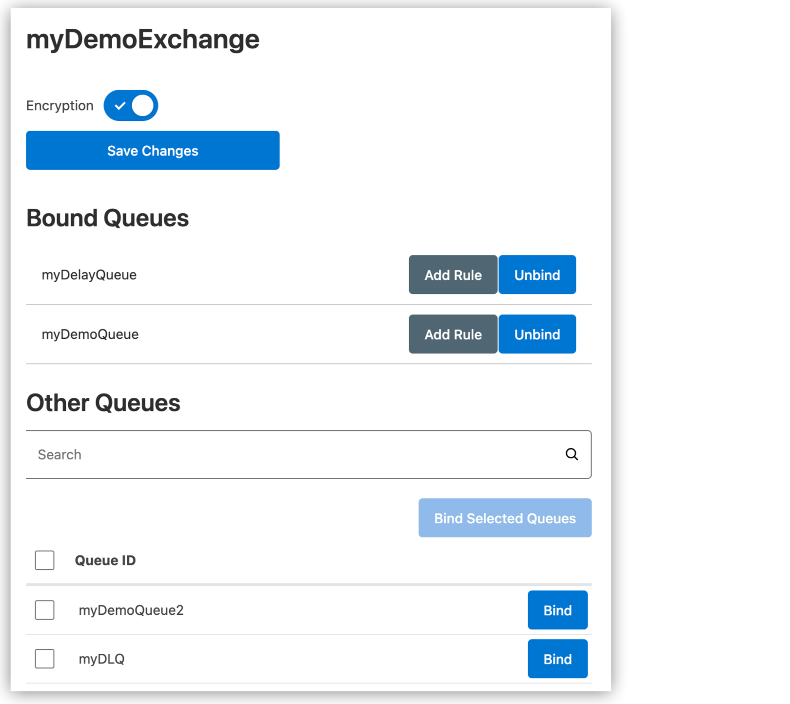 Exchange Settings page showing checkboxes for multiple select, and Unbind and Bind buttons