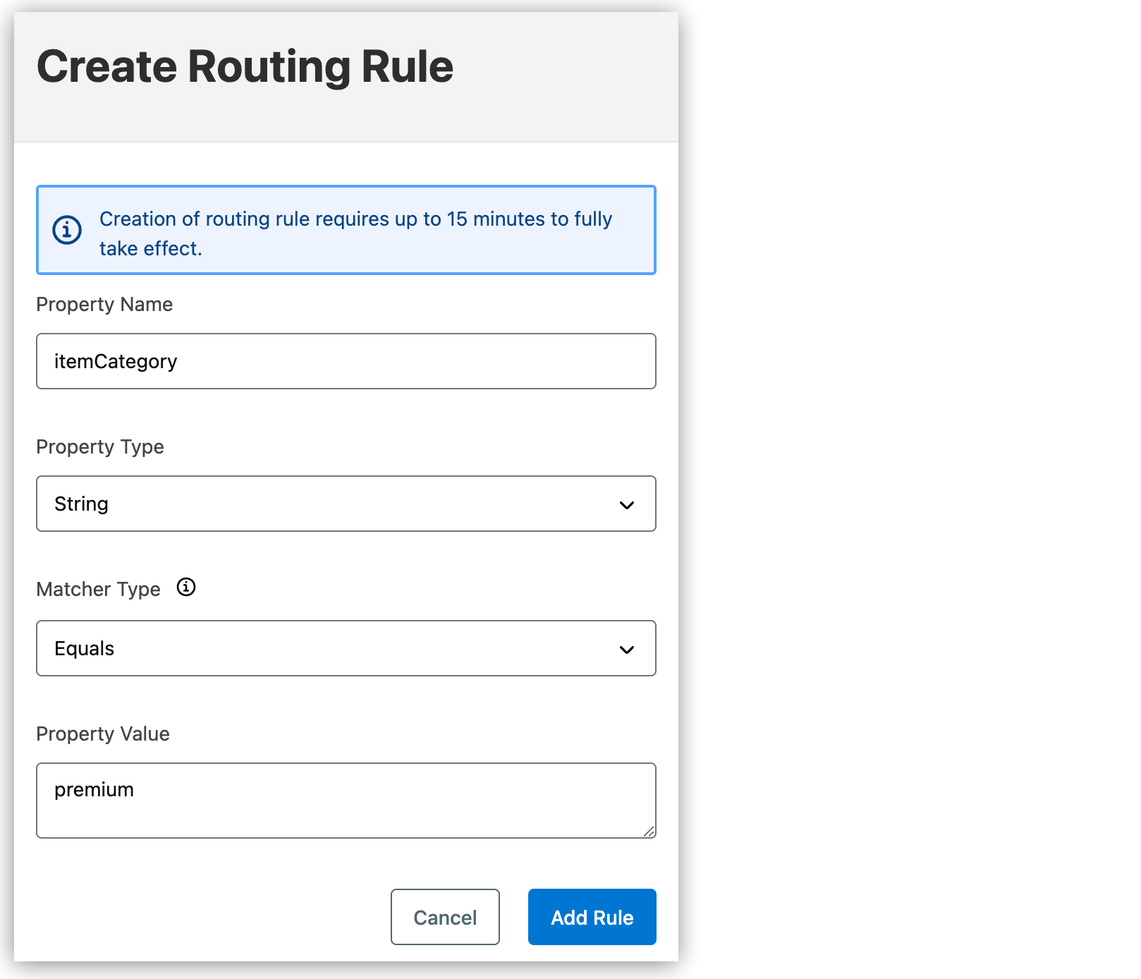 Create Routing Rule form showing example values