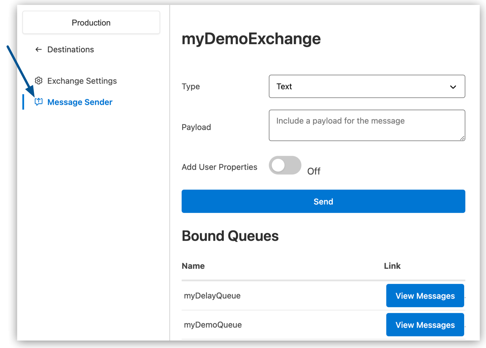 Message Sender option for the selected message exchange