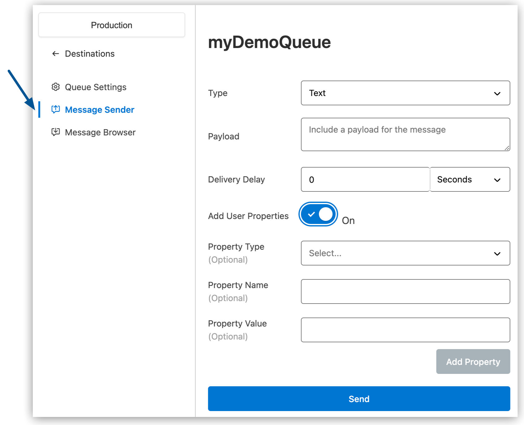 Message Sender option in the navigation menu