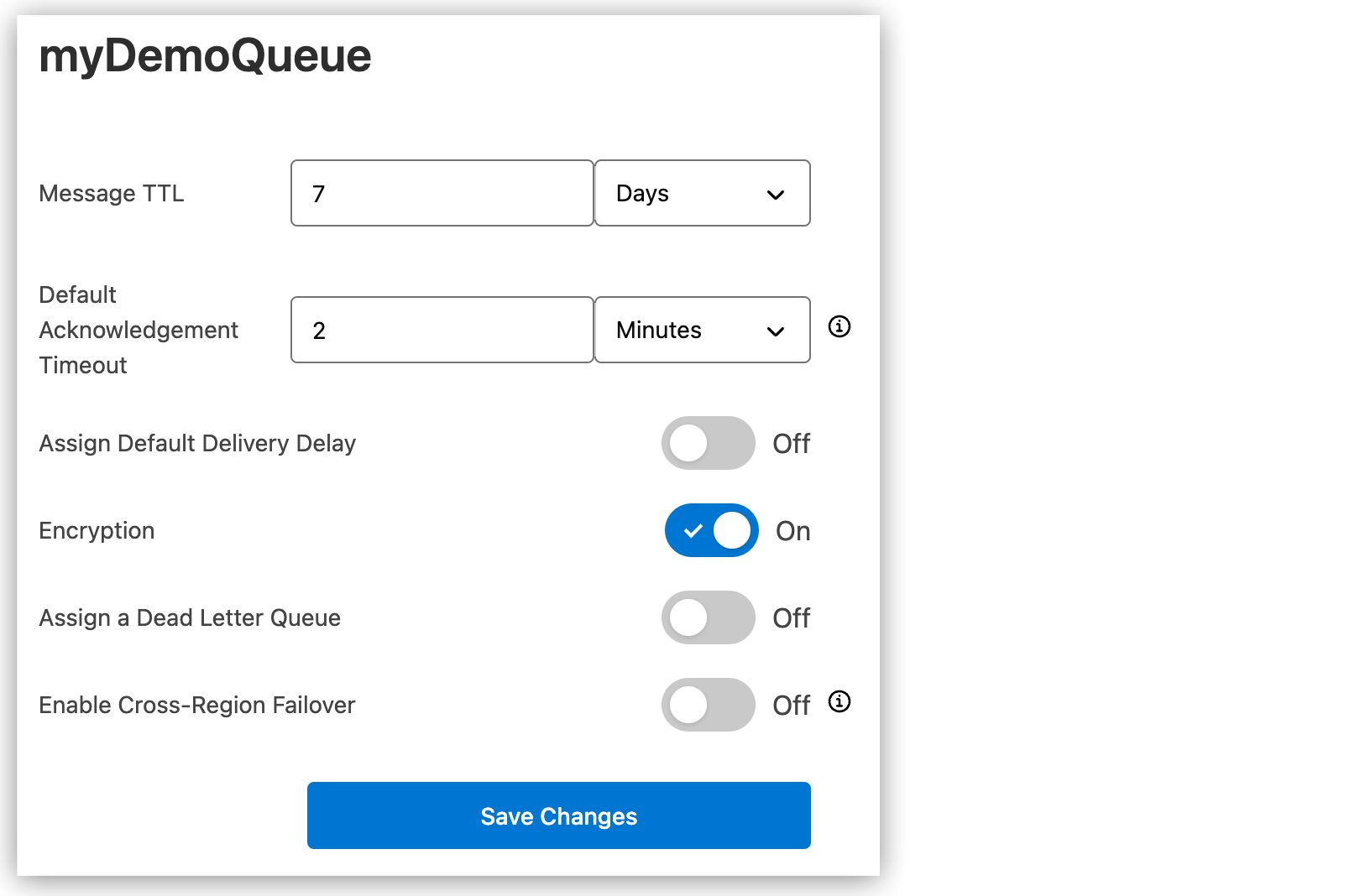 Queue Settings page showing the default settings for a queue