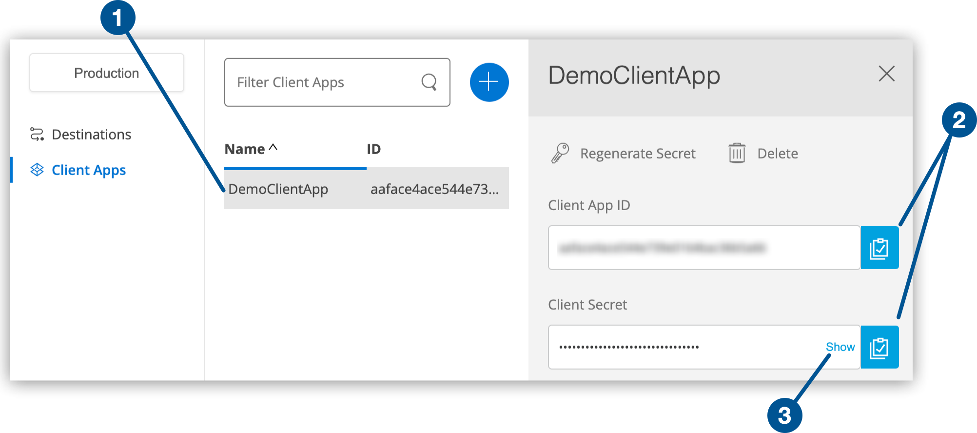Client app name,  and the Copy and Show buttons for the selected client app