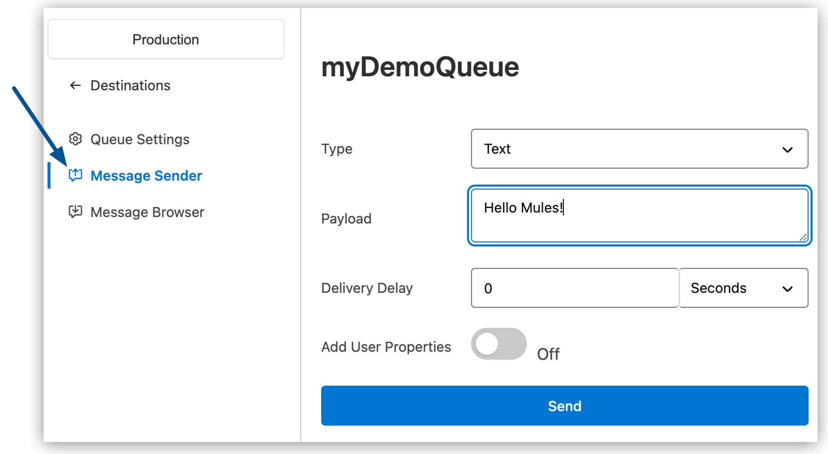 Message Sender page and option in the navigation menu