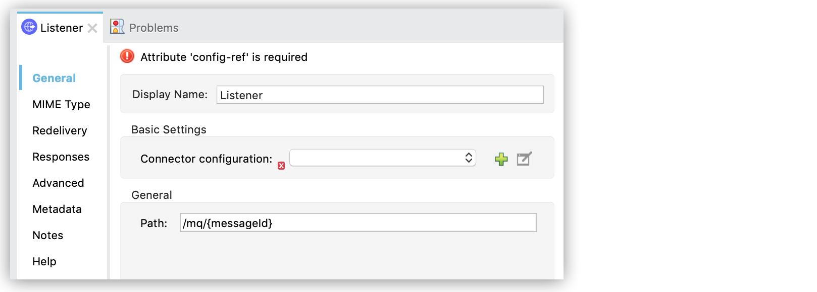 Listener properties window showing the Path field value