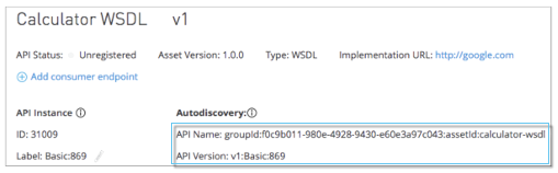 The API name and version for the autodiscovery of the Calculator Web Service Definition Language (WSDL)