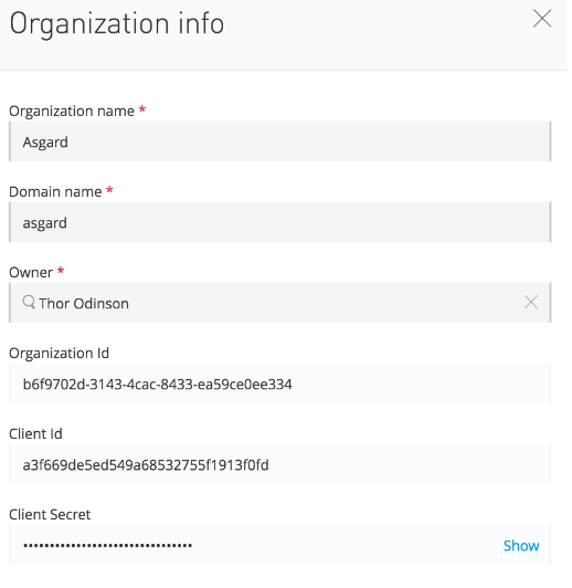 A form displays organization information, including names, IDs, and a client secret in Mule 4