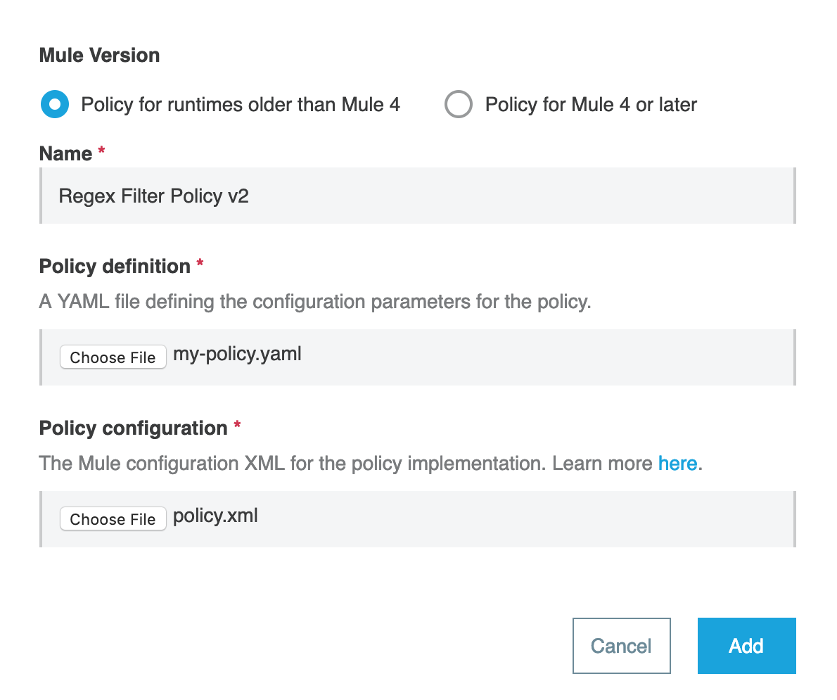 A form for configuring a runtime policy