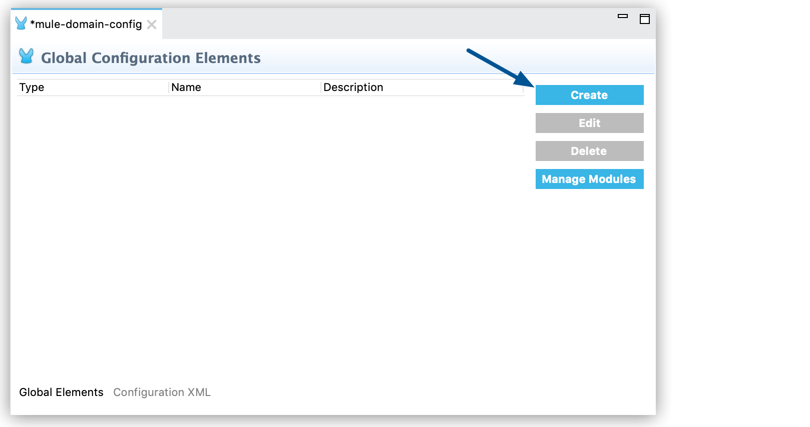 An interface for creating and managing global configuration elements in a Mule domain