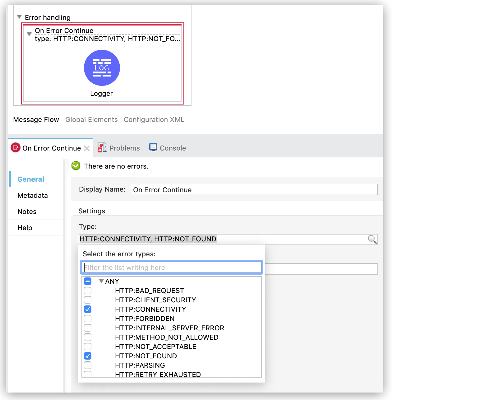 An error type selection menu in a Mule application’s error handling configuration