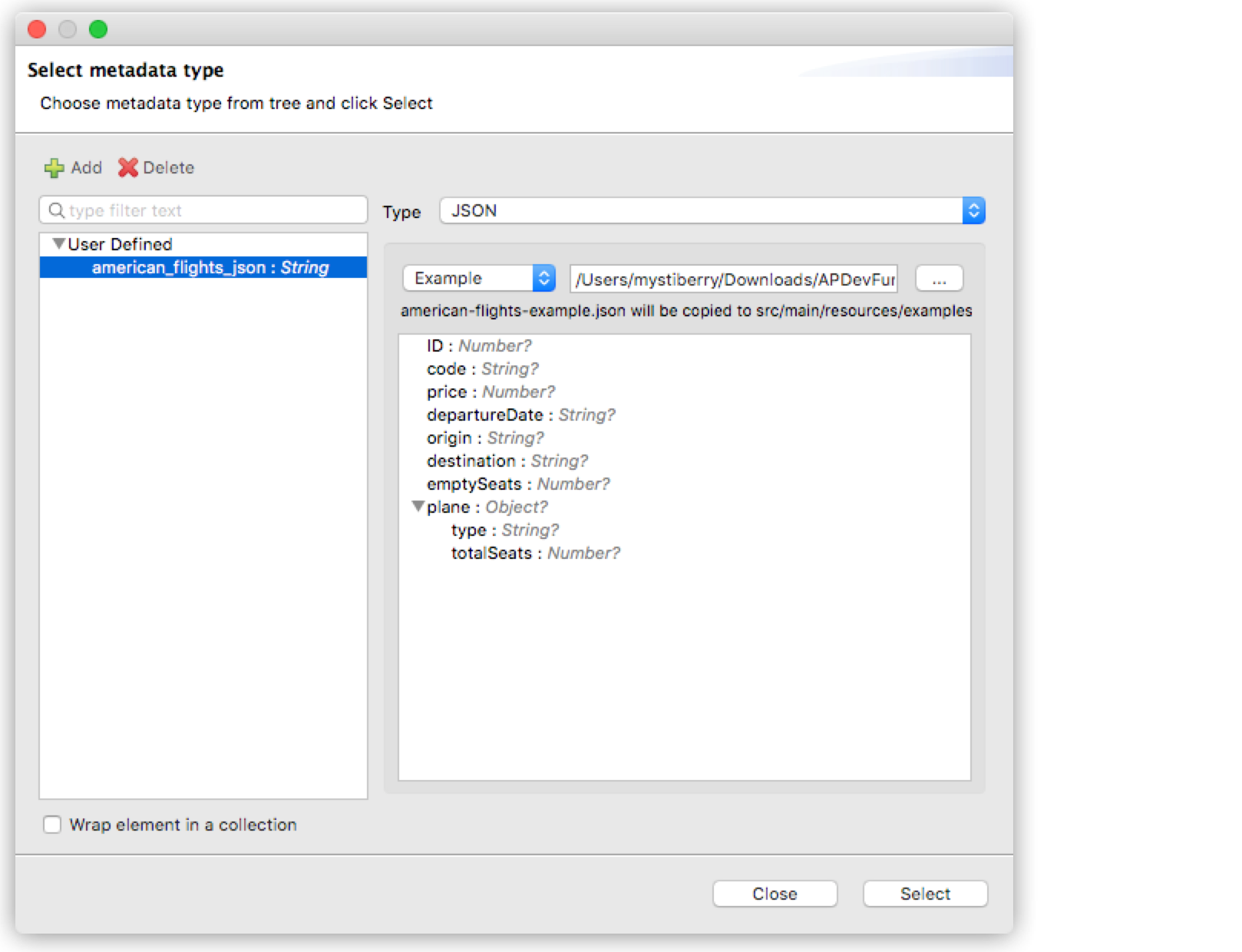 Dialog box for selecting a metadata type with options for JSON and user-defined types