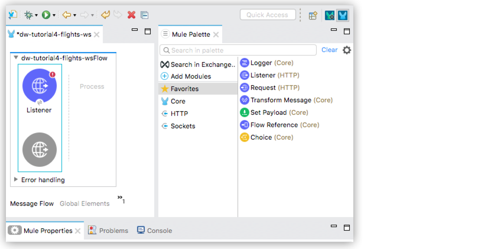A palette menu showing components including Listener and Transform Message