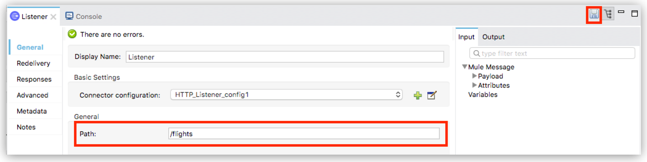 A configuration panel for a Listener component showing settings for path and connector configuration