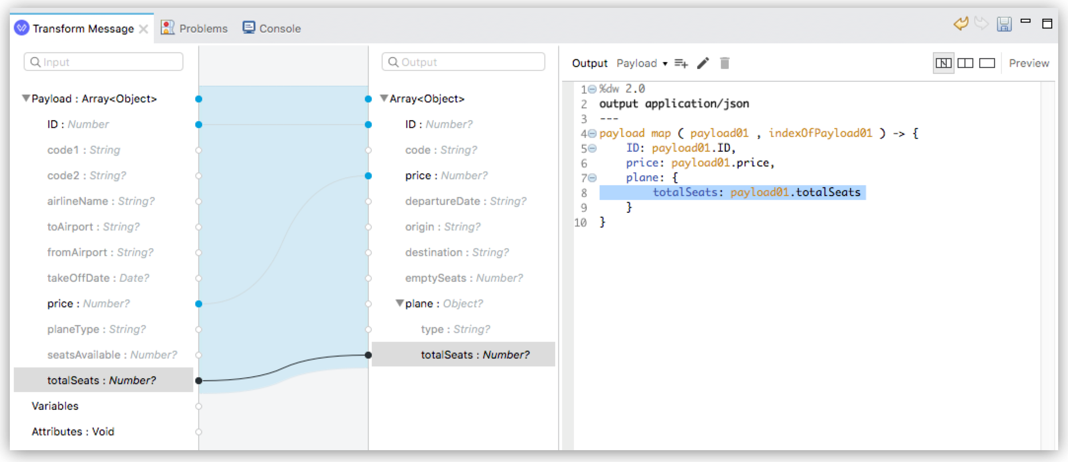 A DataWeave editor showing transformation data into JSON format with fields including ID and code