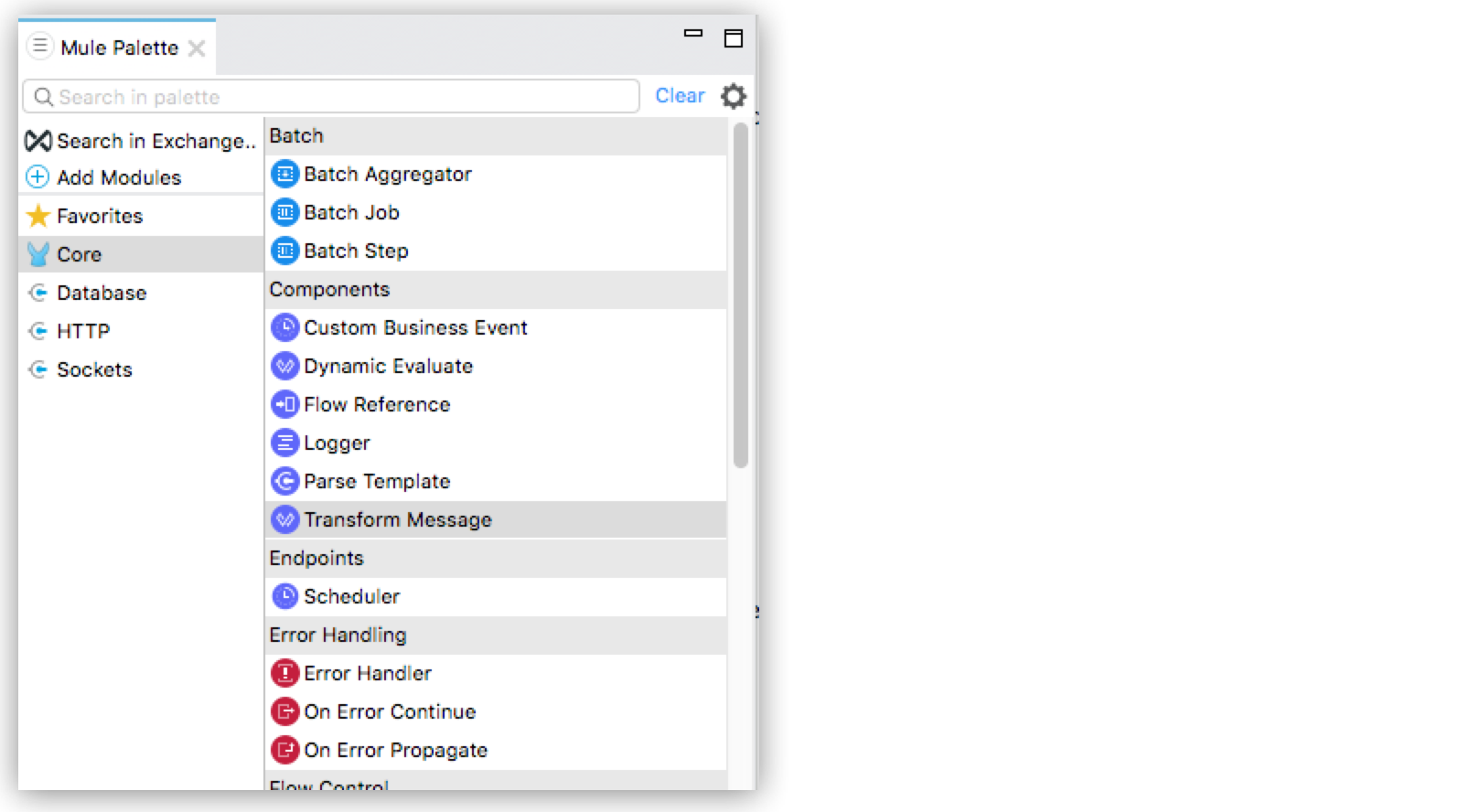 A palette menu showing components like Database, HTTP, and Batch