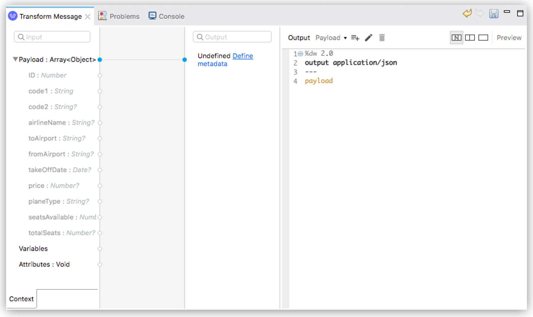 A DataWeave transformation interface with fields for defining JSON output structure