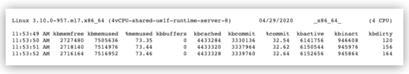 A table showing memory usage statistics including columns for time, free memory, used memory, and cache size