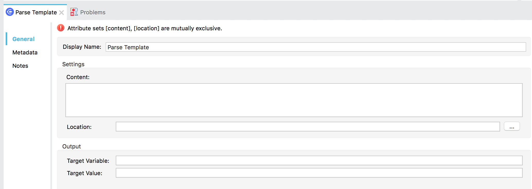 A Parse Template showing an error message