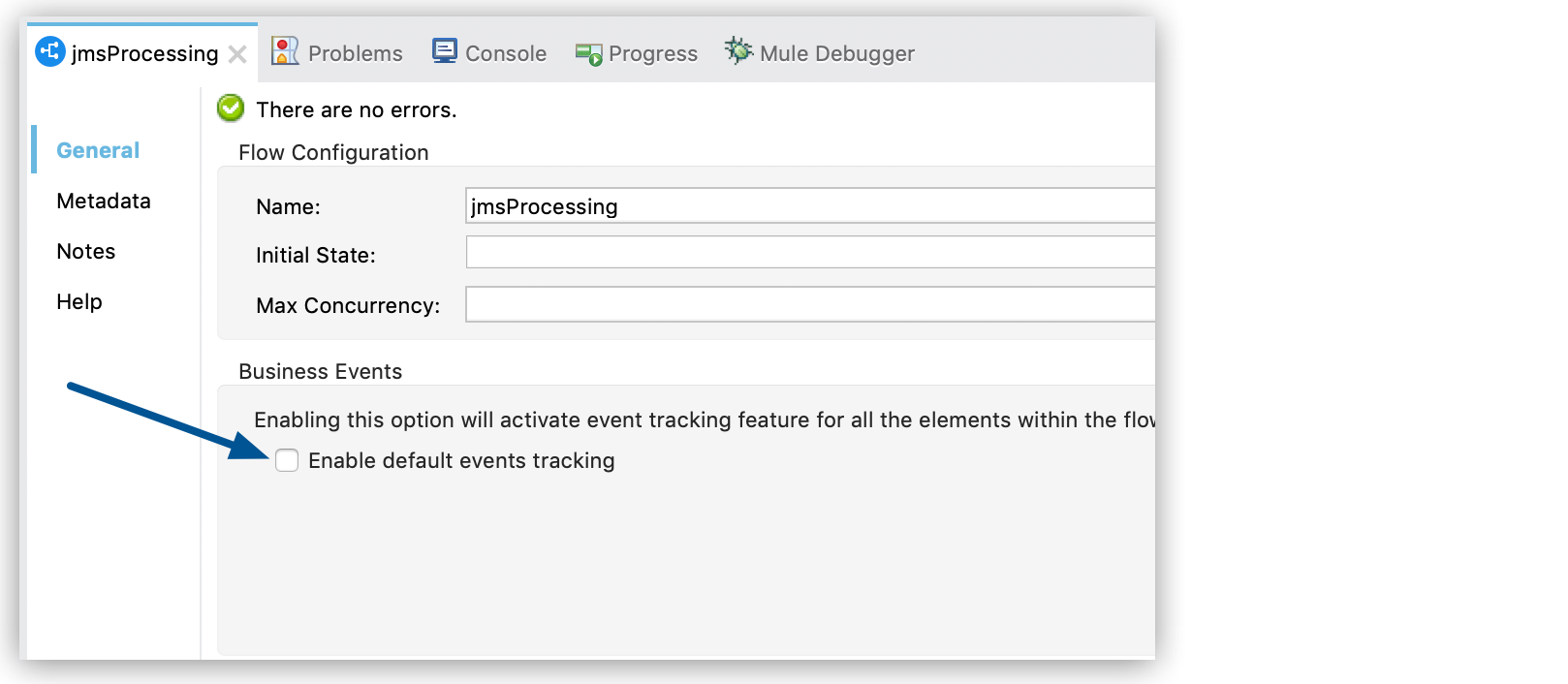 A flow configuration interface for JMS processing with options to enable event tracking