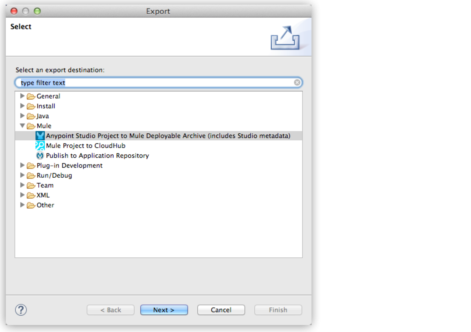 A menu for exporting projects from Anypoint Studio to various destinations