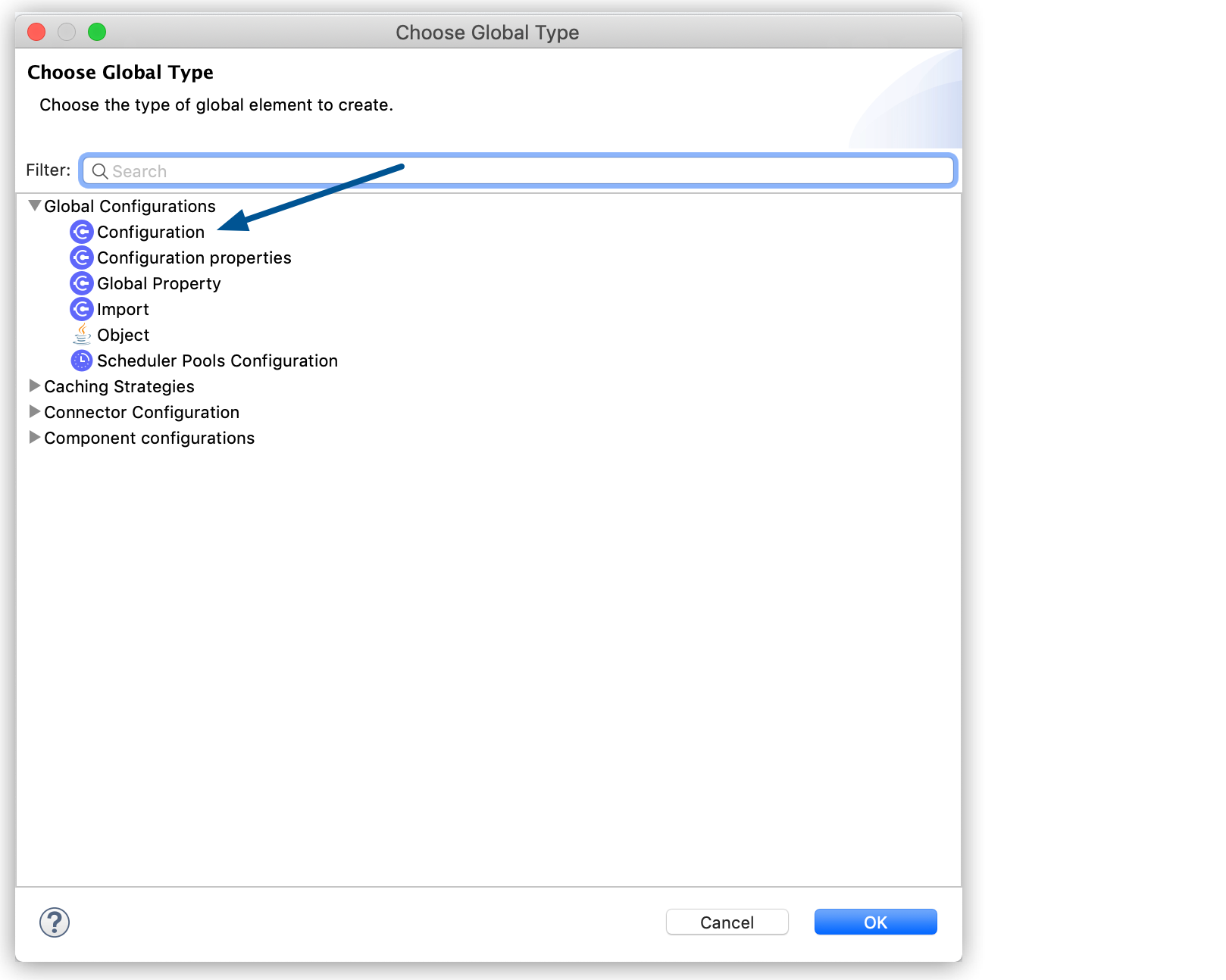 A menu for choosing types of global configurations including caching and scheduler settings