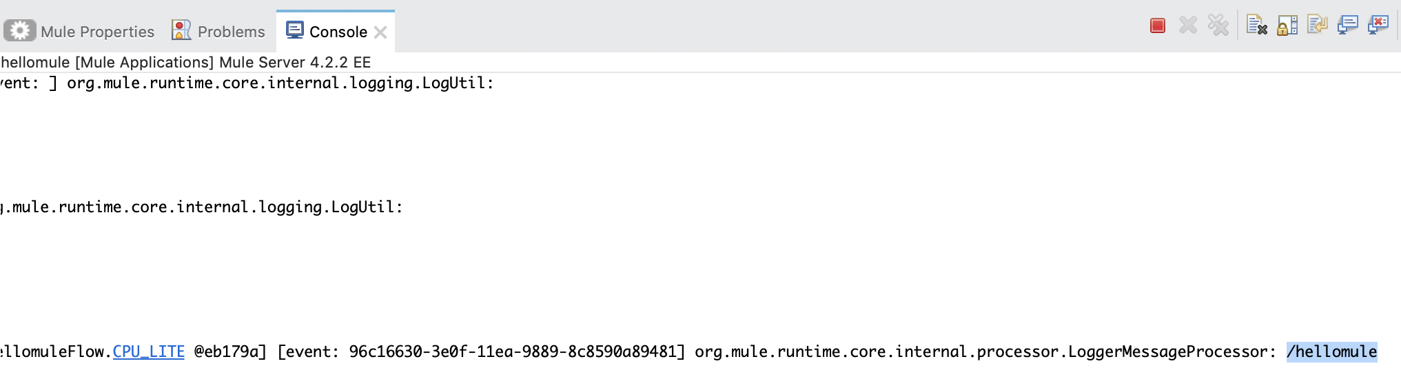 Console output showing logs from a Mule application named 'Hello Mule'