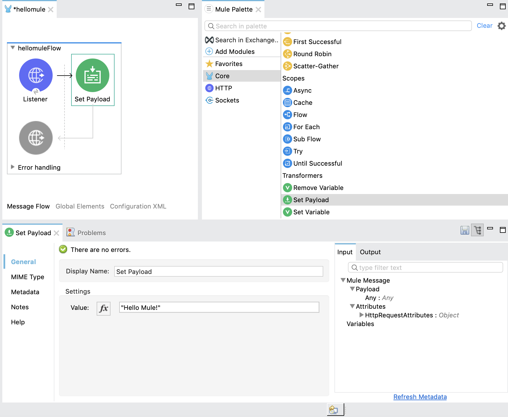 Configuration panel for setting the payload in a Mule flow
