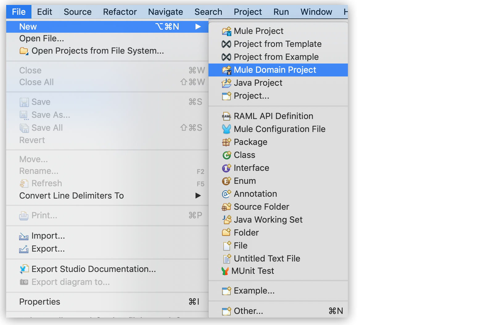 Menu options for managing Mule projects and domains