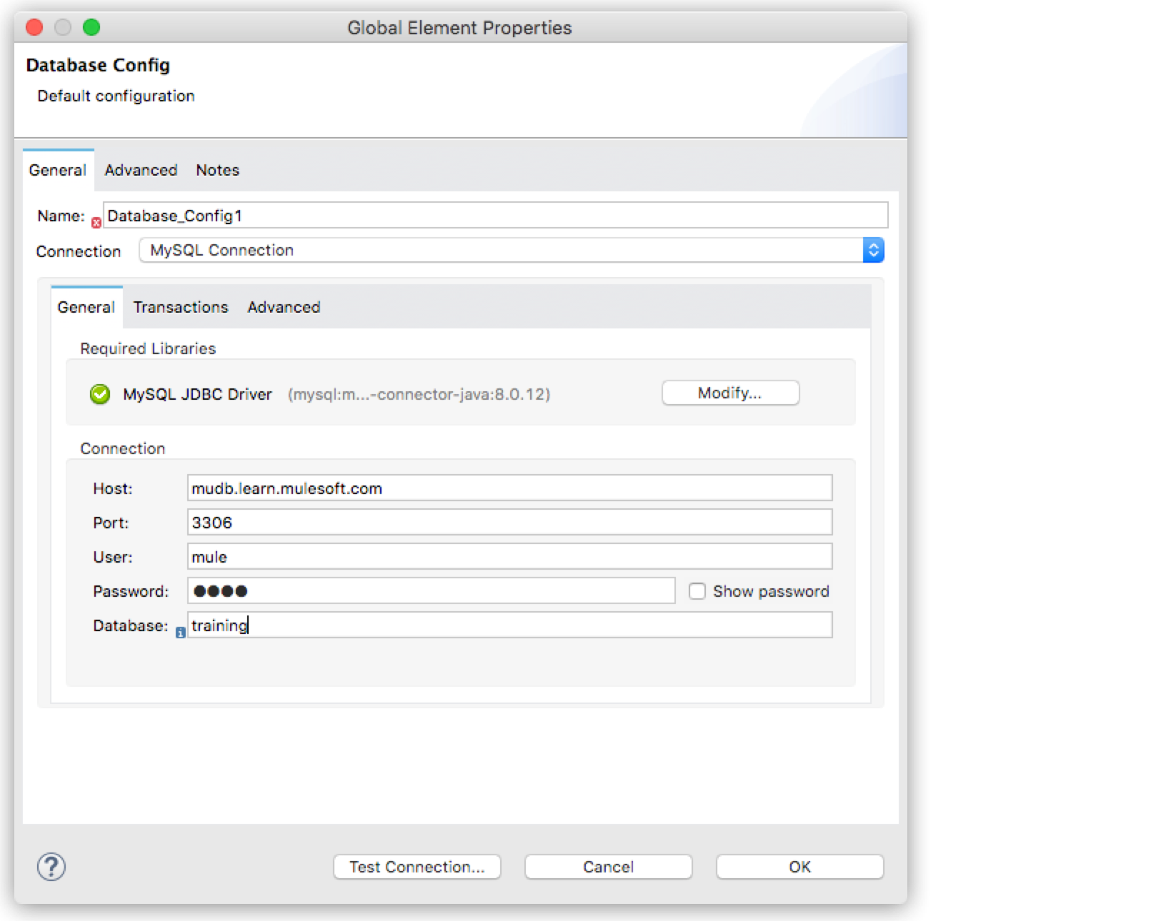 A database configuration panel showing MySQL connection settings and required JDBC driver information