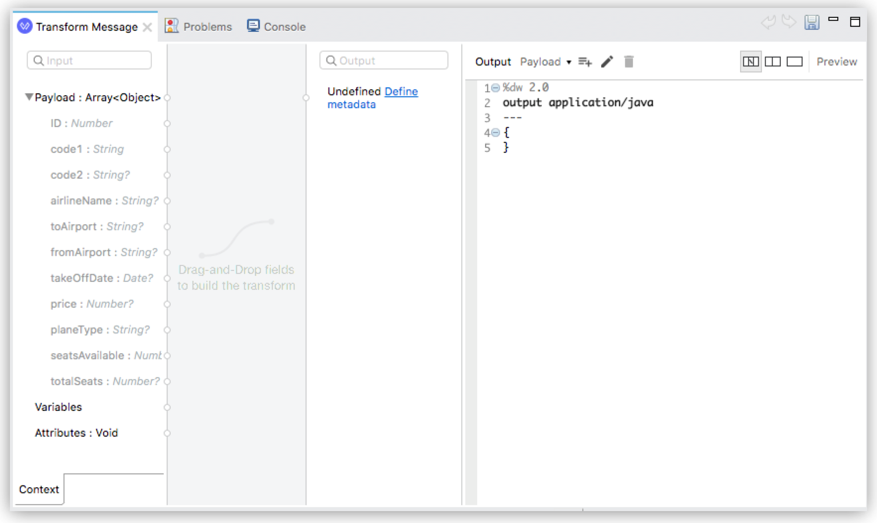 An empty data transformation interface with options to define input and output metadata