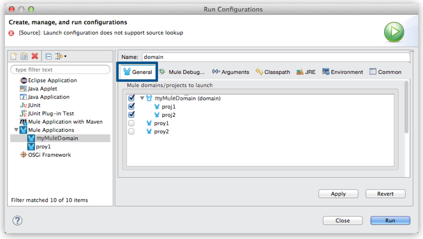 Run configuration properties with options for Mule applications and domains