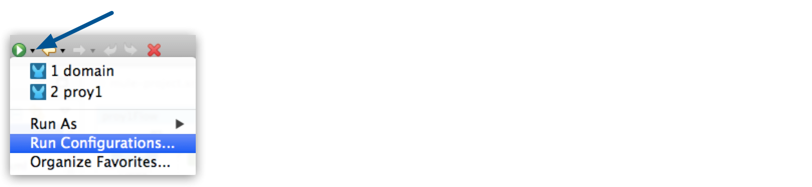 Run configurations menu with options to manage and execute Mule projects