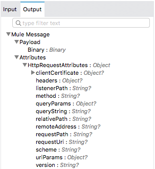 A Mule message showing types of attributes and payload