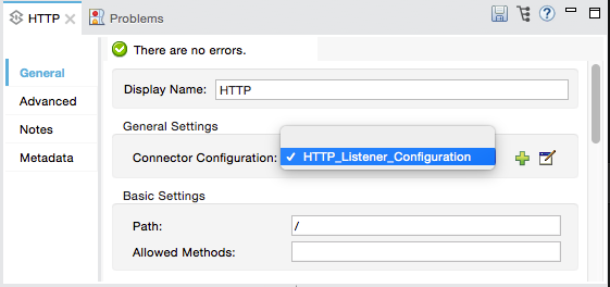A configuration settings for an HTTP resource showing path and allowed methods