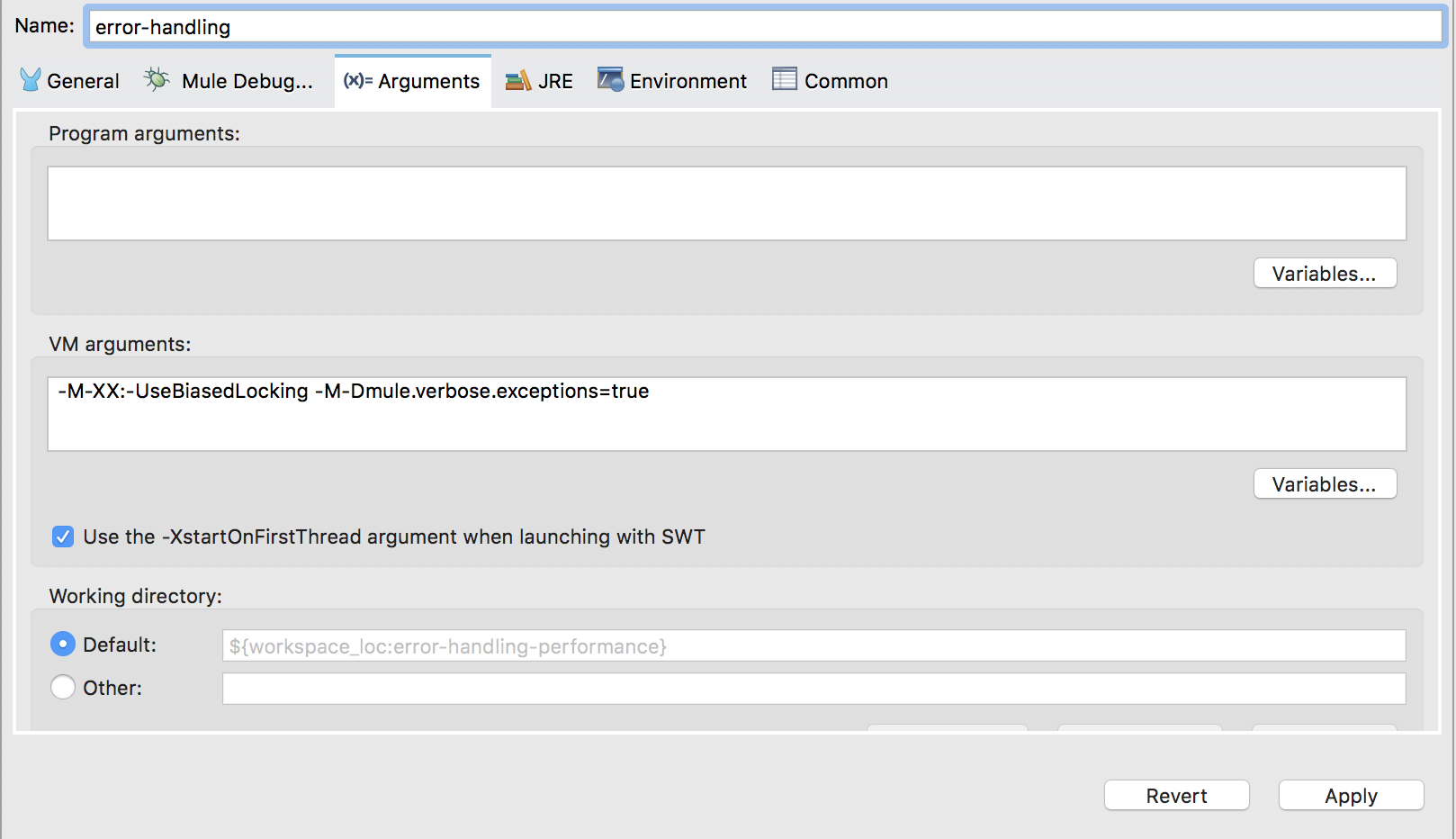 A configuration panel including VM arguments