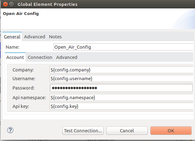 Global element properties window on Account tab