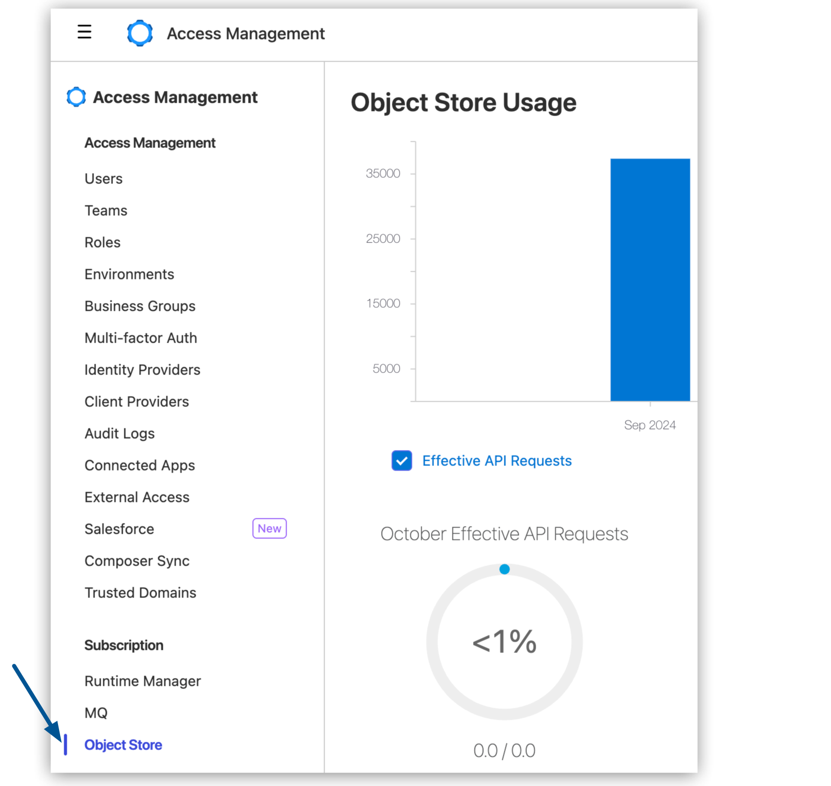 Object Store option in the Subscriptions section of the Access Management navigation