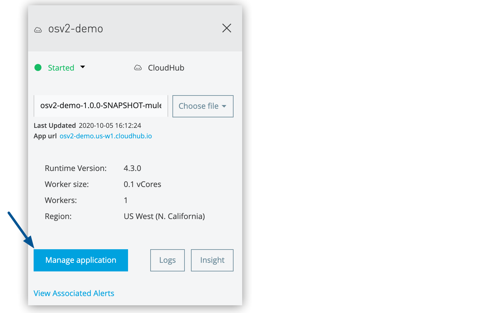 Runtime Manager app details pane showing the Manage application button