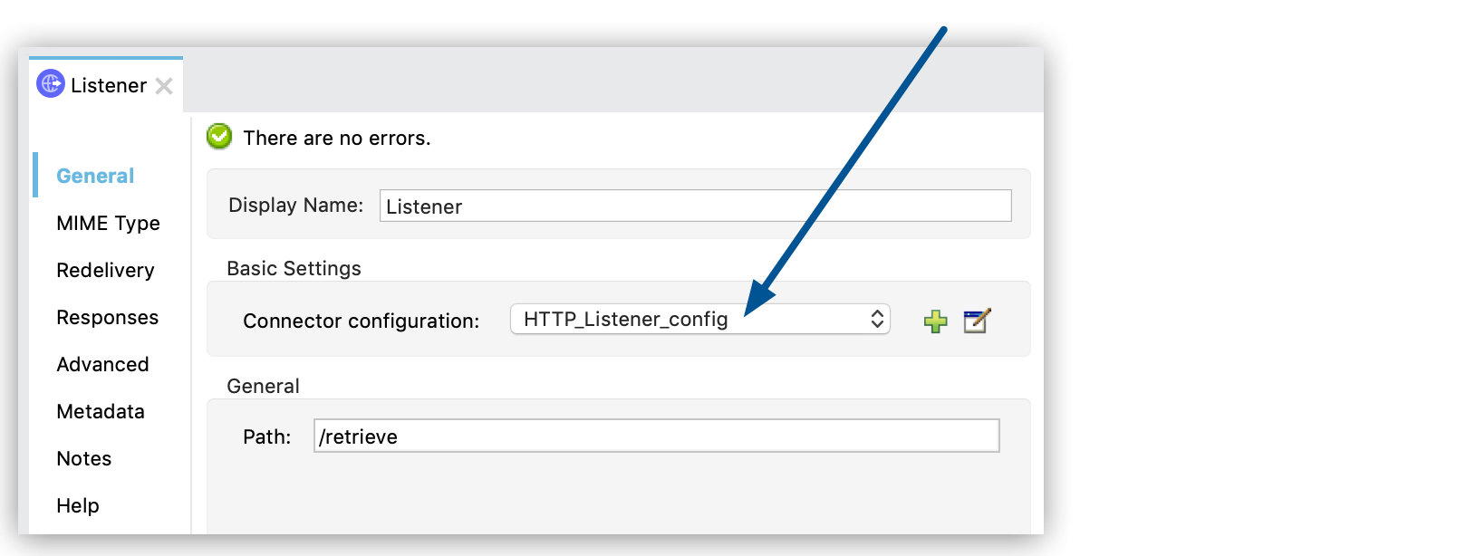 Listener properties window showing the Connector configuration menu