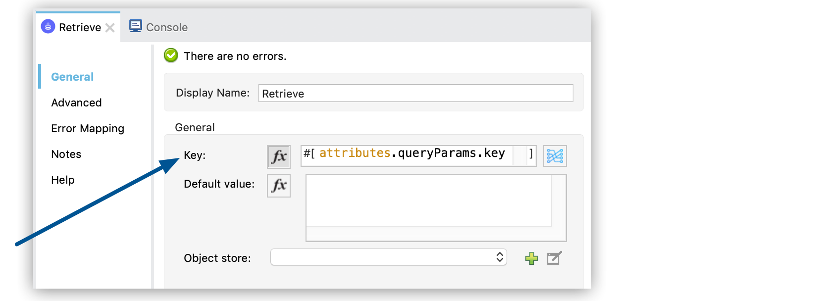 Retrieve properties window showing the value in the Key field