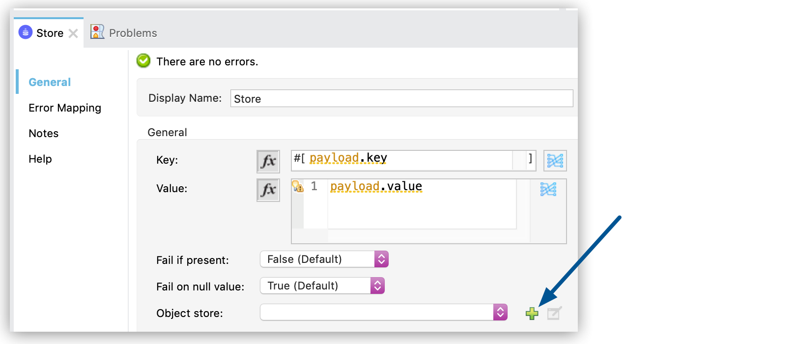 Studio properties window for the Store operation showing the green plus icon