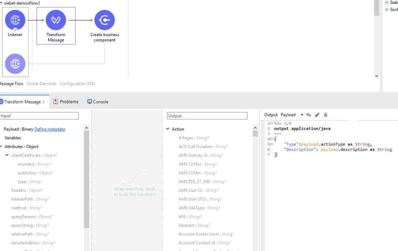 Transform Message properties window with input payload configuration